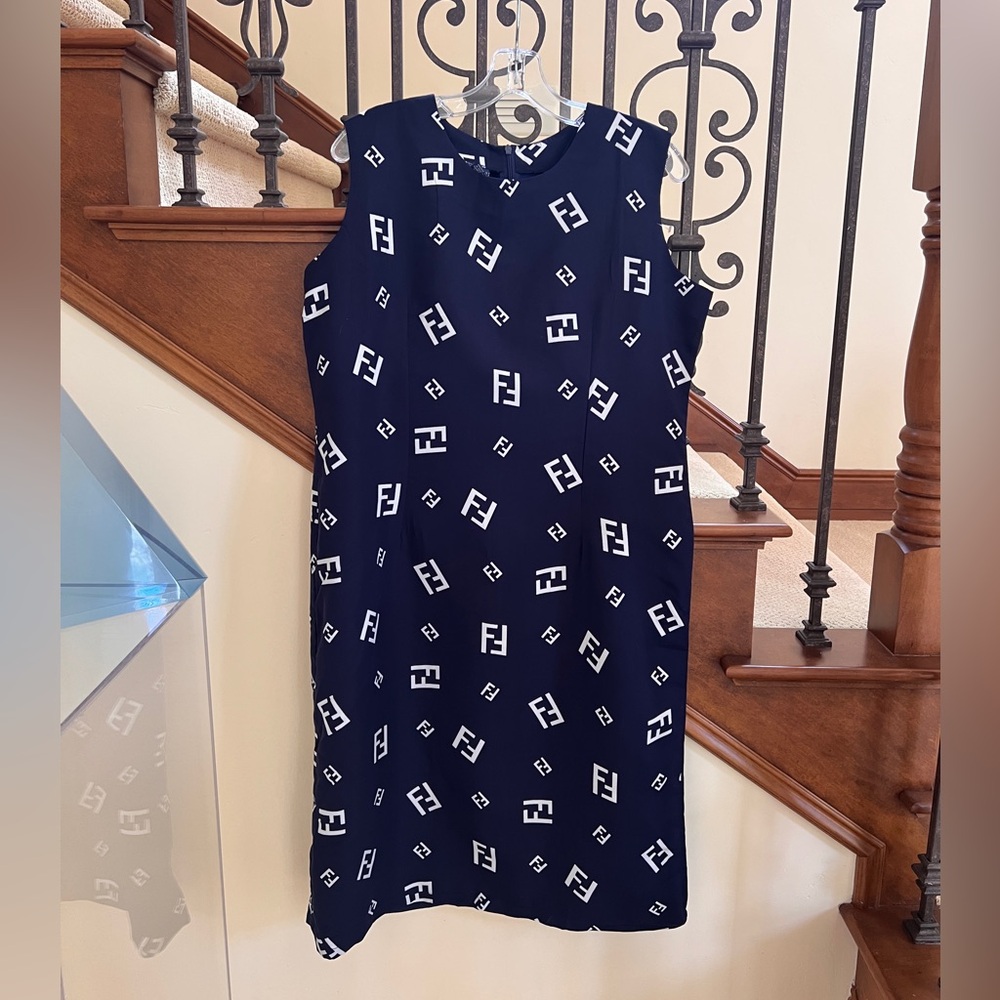 Fendy print Sleeveless Navy Midi Dress with White Logo Print